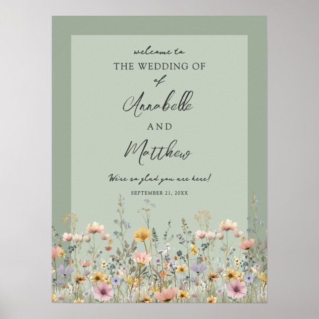 Póster Sage Green Wildflower Floral Wedding Welcome Sign (Frente)