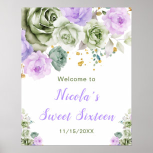 Póster Sage Green y Purple Floral Sweet Dieciséis bienven