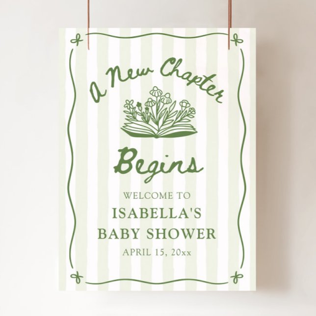 Póster Sage Un Nuevo Capítulo Comienza Bienvenida a la Fi (Sage Green A New Chapter Begins Baby Shower Welcome Sign)