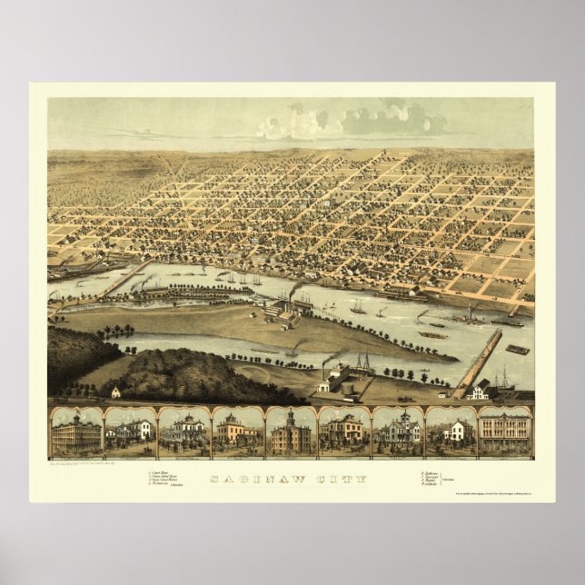 Póster Saginaw, Mapa Panorámico de MI - 1867 (Frente)