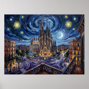Póster Sagrada Família bajo el cielo estrellado de Barcel