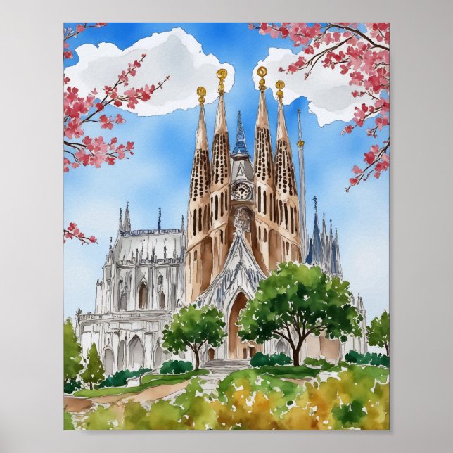 Póster Sagrada Familia Barcelona Watercolor (Frente)