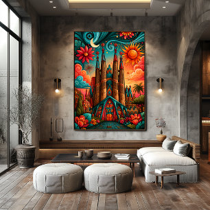 Póster Sagrada Familia Paisaje Onírico de Sol y Luna