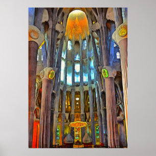 Póster Sagrada Familia. Vista interior al atardecer.