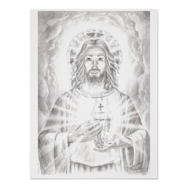 Póster Sagrado Corazón de Jesús, dibujo de Jenny McLaughl (Anverso)