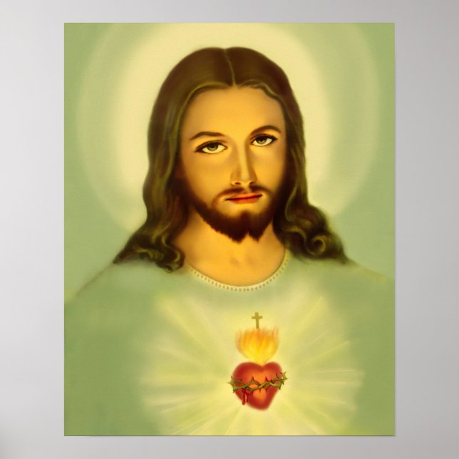 Póster Sagrado Corazón de Jesús Tono verde tradicional (Frente)