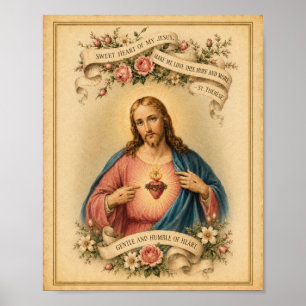 Póster Sagrado Corazón de Jesús vintage con la oración de