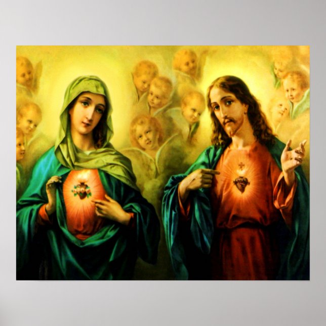 Póster Sagrado Corazón de Jesús y Corazón Inmaculado de M (Frente)