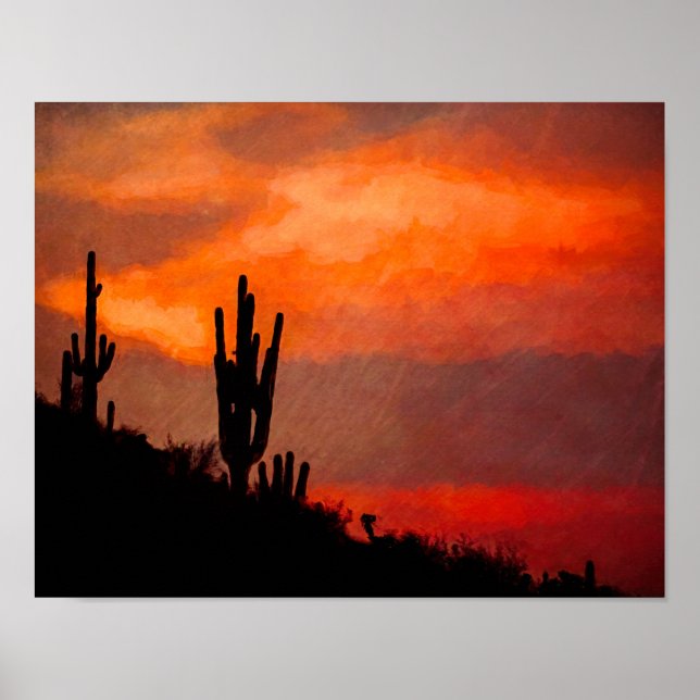 Póster Saguaro Cactus Silhouette Arizona Red Sunset (Frente)