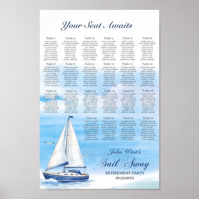 Póster Sail Away Retirement Party Seating Chart (Frente)