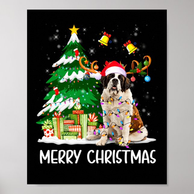 Póster Saint Bernard Christmas Lights Tree Santa Xmas Paj (Frente)