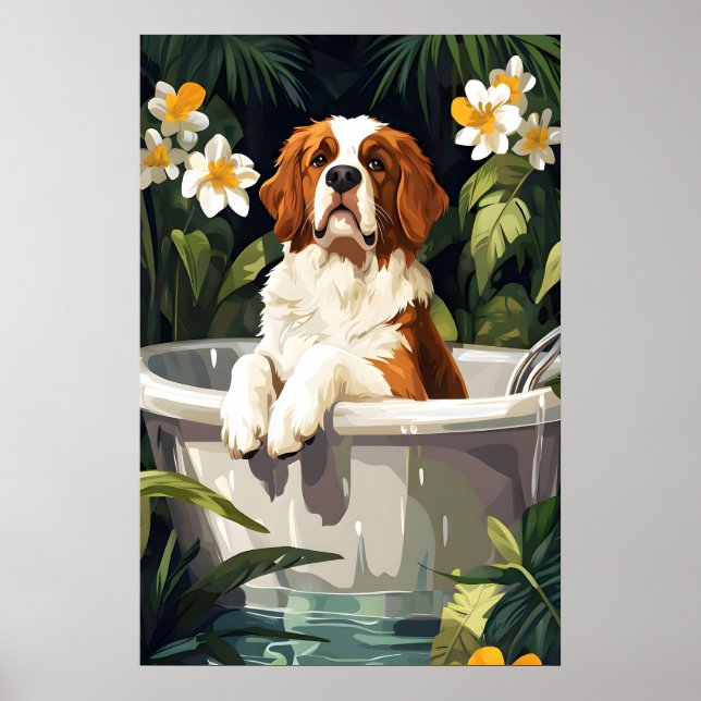 Póster Saint Bernard In Bathtub Poster, Funny Dog Poster (Frente)