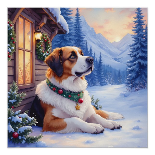 Póster Saint Bernard Snowy Mountain Lodge Christmas Dog (Anverso)
