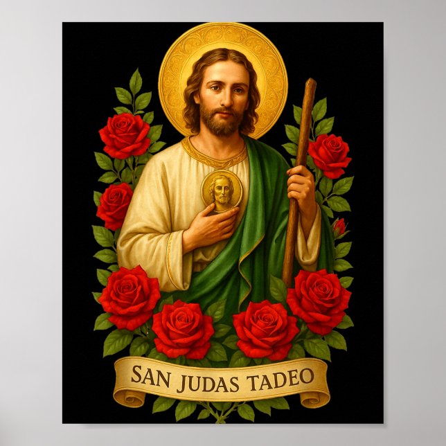 Póster Saint Jude Thaddeus Catholic Art With Red Roses  (Frente)