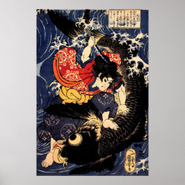 Póster Saito Oniwakamaru matando a la gigante carpa Kuniy