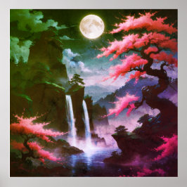 Póster Sakora tree-Moonlit Waterfall with Cherr-pink