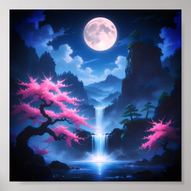 Póster Sakora tree-Moonlit Waterfall with Cherr-pink (Frente)