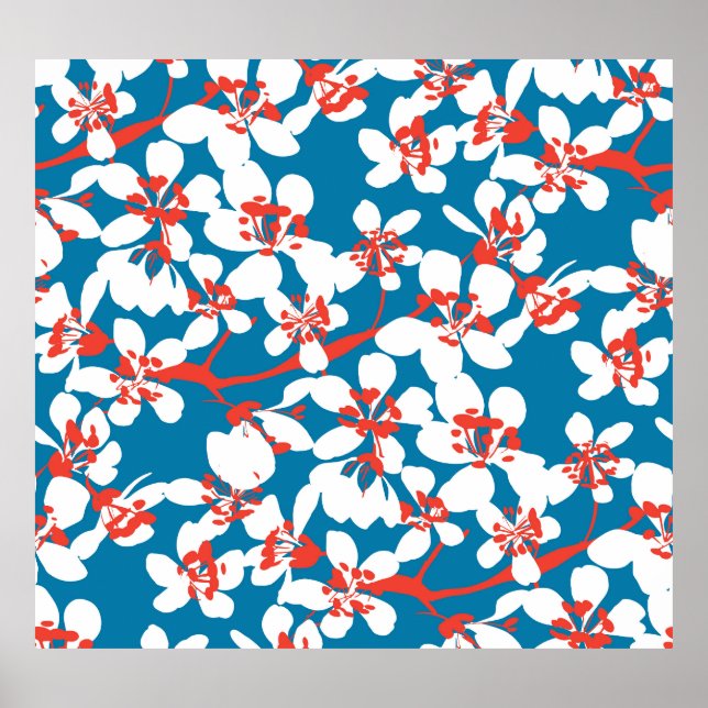 Póster Sakura blanca, patrón de fondo azul clásico. (Frente)