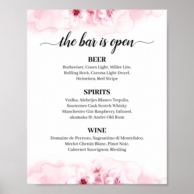 Póster Sakura Blossom Calligraphy Boda Bar Rótulo de menú (Frente)