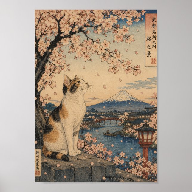 Póster Sakura Cat by Mount Fuji (Frente)