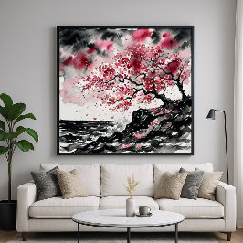 Póster Sakura Costera - Flores de Cerezo al Estilo Acuare