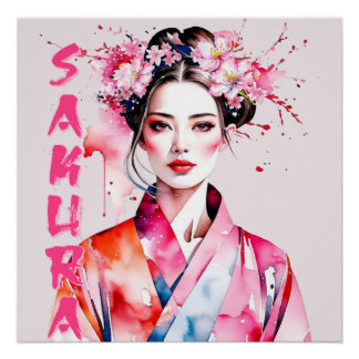 Póster Sakura de color de agua