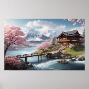 Póster Sakura de invierno con vista a la montaña