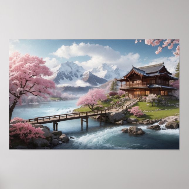 Póster Sakura de invierno con vistas a la montaña (Frente)