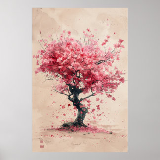 Póster Sakura en el Viento – Pintura de Flor de Cerezo Ja