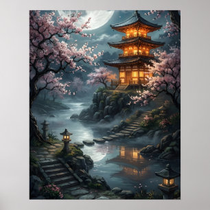 Póster Sakura Japonesa a la Luz de la Luna