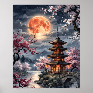 Póster Sakura Japonesa a la Luz de la Luna