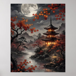 Póster Sakura Japonesa bajo la luz de la luna