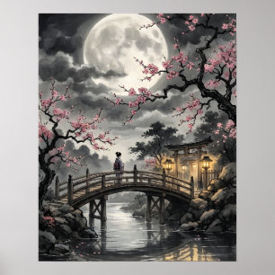 Póster Sakura Japonesa bajo la Luz de la Luna