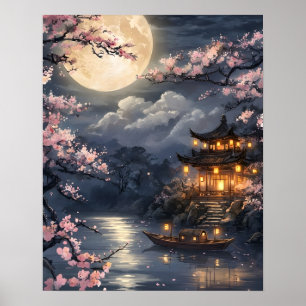 Póster Sakura Japonesa bajo la luz de la luna