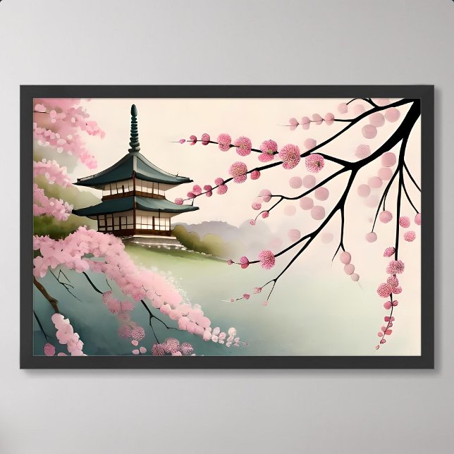 Póster sakura pintar rosa japón pagoda construcción nebul (sakura painting pink japan pagoda building foggy)