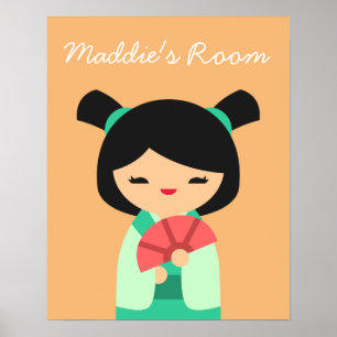 Póster Sala de chicas de muñecas japoneses rosa Kokeshi