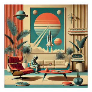 Póster Sala de estar familiar de la era espacial futurist