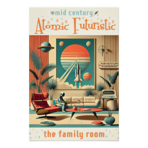 Póster Sala de estar familiar de la era espacial futurist