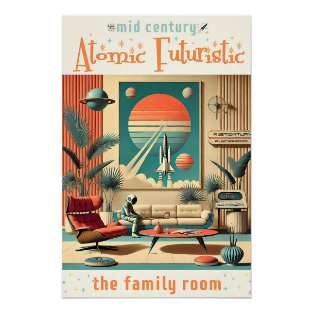 Póster Sala de estar familiar de la era espacial futurist (Anverso)