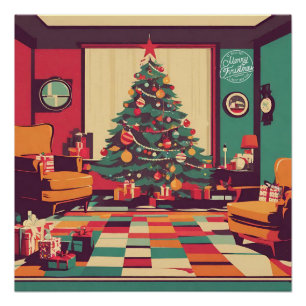 Póster Sala de estar retro con árbol de Navidad