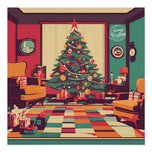 Póster Sala de estar retro con árbol de Navidad (Anverso)