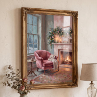 Póster Sala de estar rosa vintage de Navidad Cottagecore
