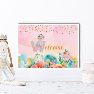 Póster Sala de niños con signo de bienvenida de Cerdito d