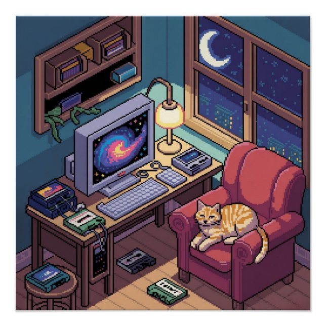 Póster Sala Retro de Arte Pixel Lofi de Medianoche (Anverso)