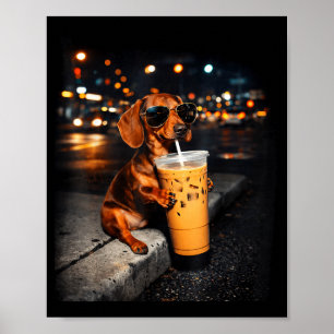 Póster Salchicha divertida bebiendo café helado meme de p