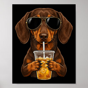 Póster Salchicha divertida bebiendo café helado meme de p