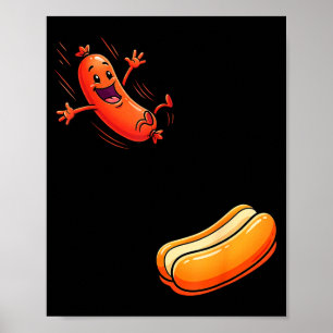 Póster Salchicha divertida saltando hacia panecillo salch