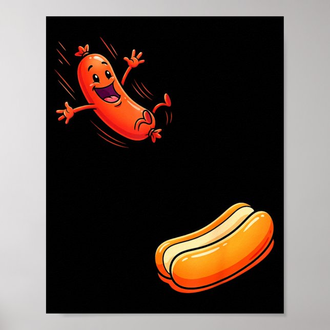 Póster Salchicha divertida saltando hacia panecillo salch (Frente)