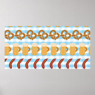 Póster Salchichas de cerveza Pretzels alineadas con hilo