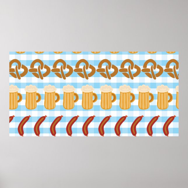 Póster Salchichas de cerveza Pretzels alineadas con hilo  (Frente)